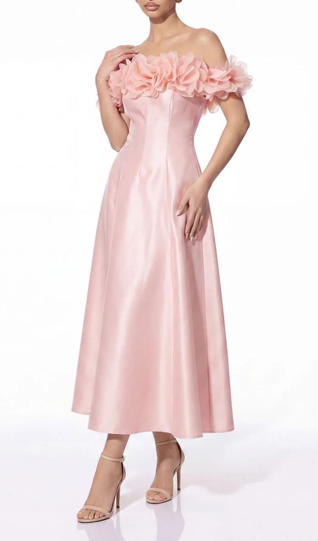 Sylven Off Shoulder Flower Satin Maxi Dress