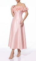 Sylven Off Shoulder Flower Satin Maxi Dress