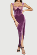 Flowering Girl Women Lace Corset Maxi Velvet Dress Plum