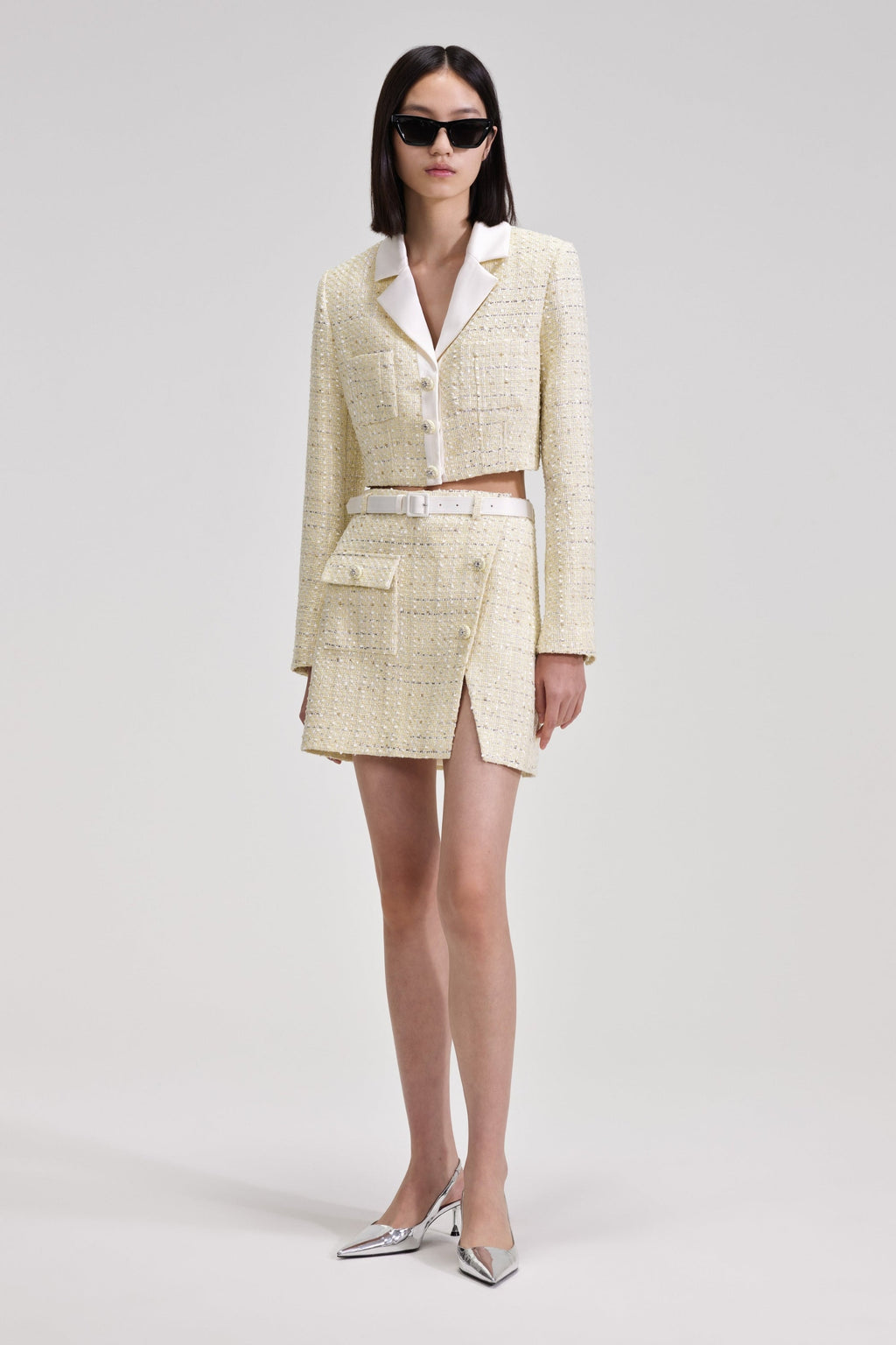 Flowering Girl Women Yellow Color Light Thin Tweed Short Coat & Skirt