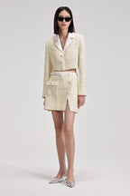 Flowering Girl Women Yellow Color Light Thin Tweed Short Coat & Skirt