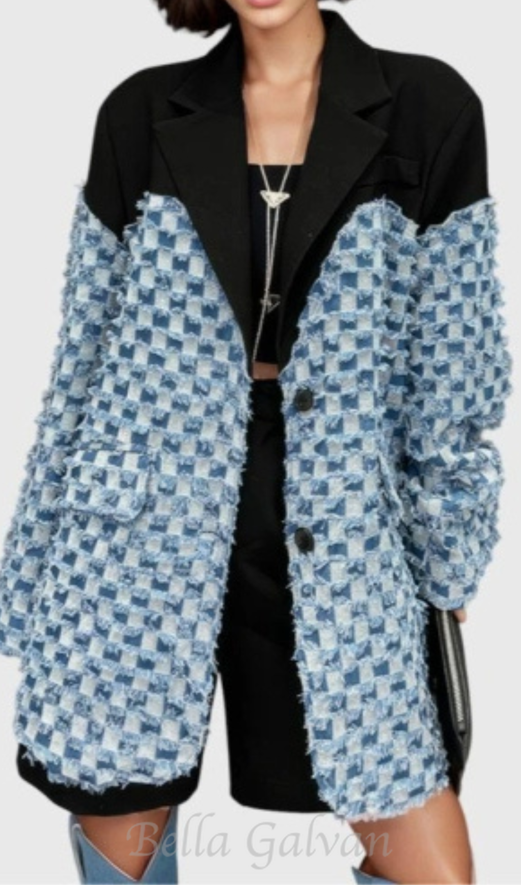 Flowering Girl Women two-tone Denim Checks Blazer in blue