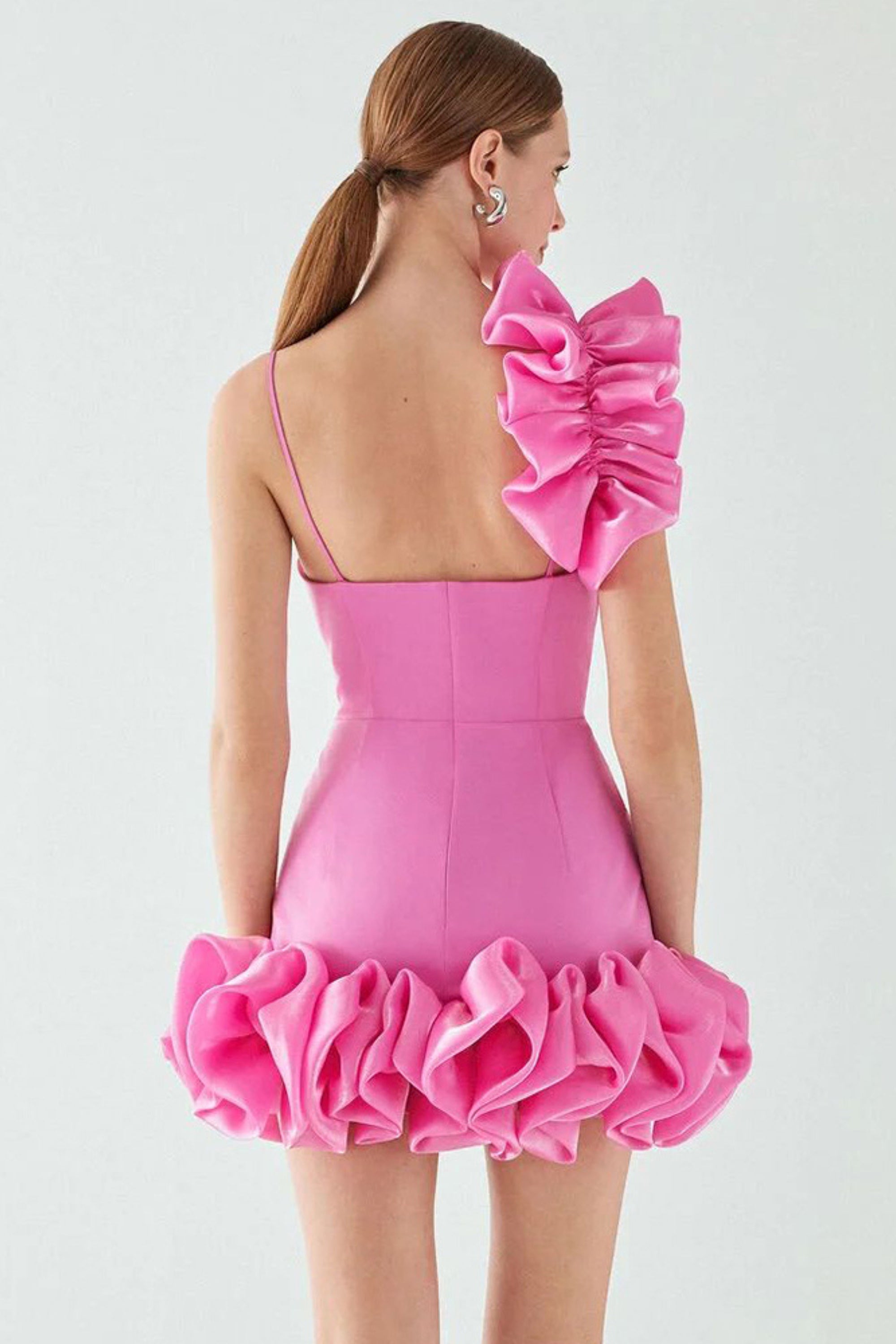 Flowering Girl Women Ruffle One Shoulder Mini Dresses In Pink