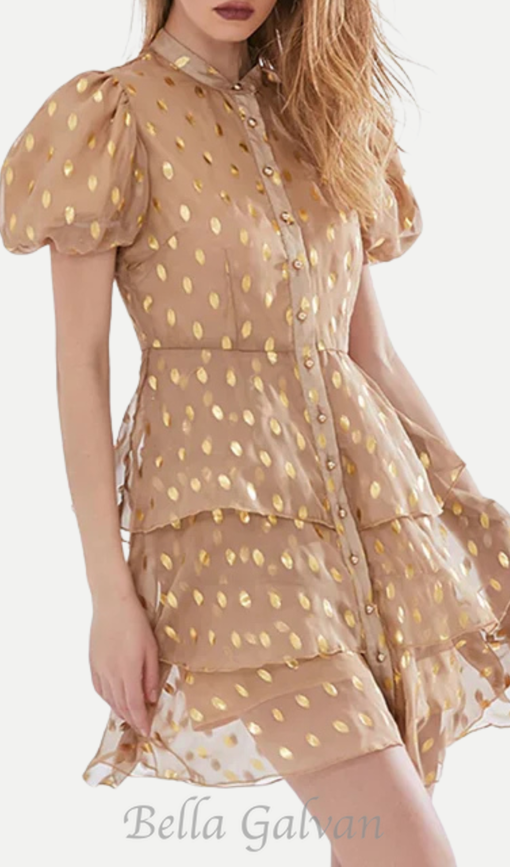 Flowering Girl Women polka Dot Layered Print Mini Dress in kahki