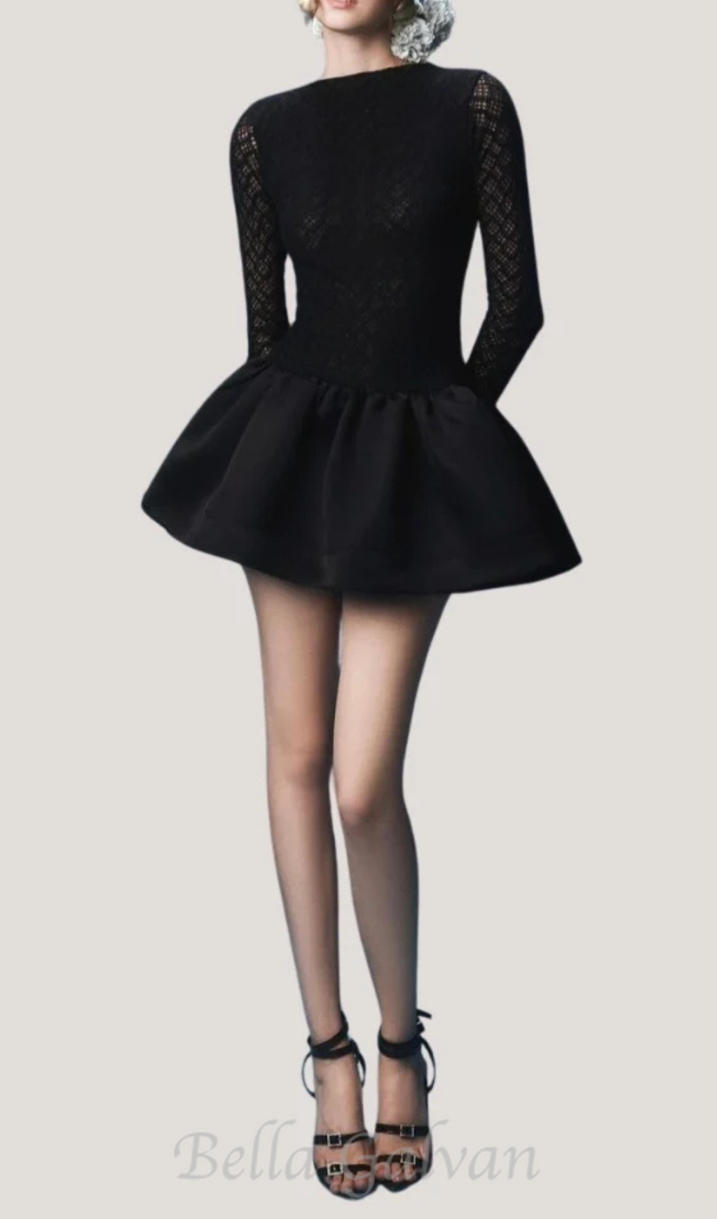 Flowering Girl Women Lace Patchwork Puff Mini Dress in black