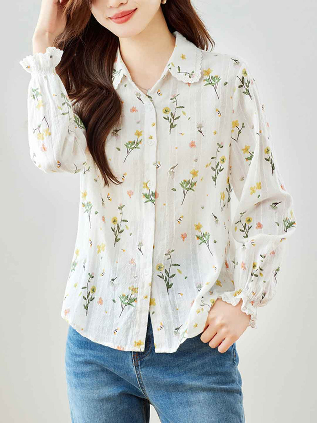 Flowering Girl Women nancy Classic Lapel Embroidered Floral Shirt