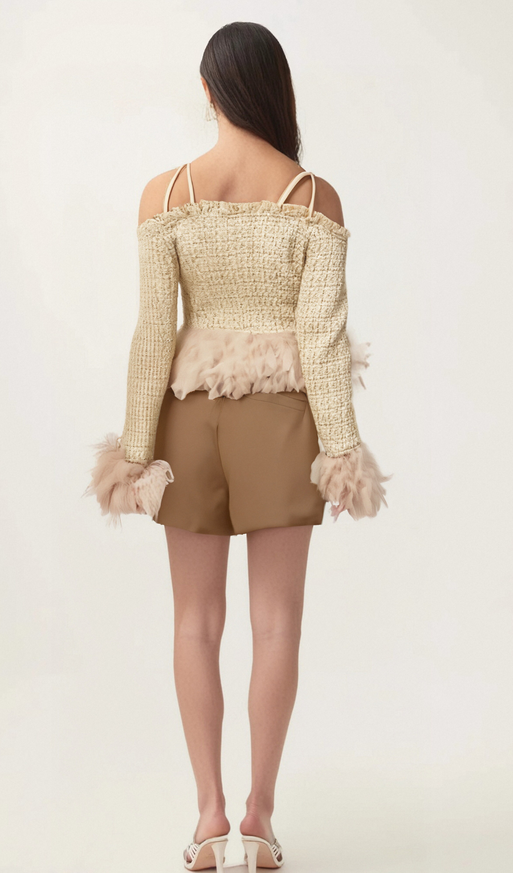 Flowering Girl Women Laetiecia off-shoulder feather-trim tweed top
