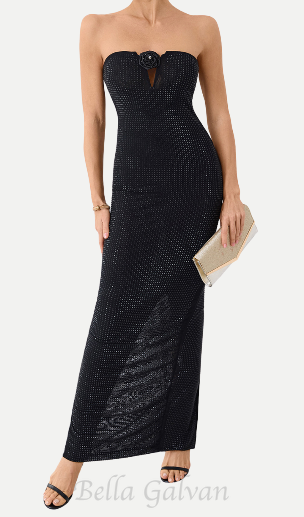 Flowering Girl Women Strapless Rhinestone rose maxi dress in black
