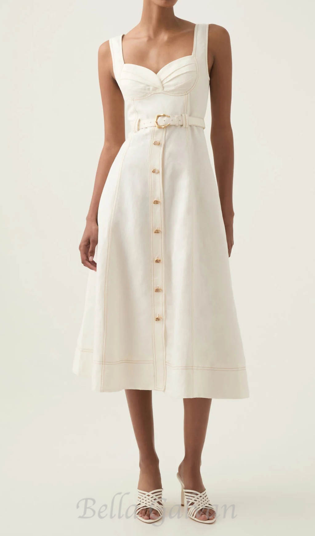 Flowering Girl Women sweetheart neckline belted midi dress in ivory