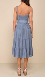 Flowering Girl Women slate blue swiss dot bustier tiered midi dress