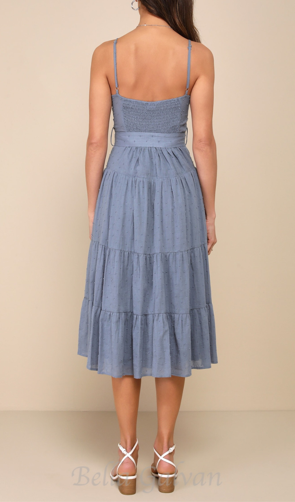 Flowering Girl Women slate blue swiss dot bustier tiered midi dress