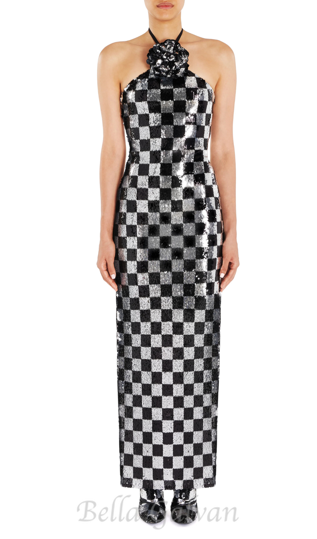 Flowering Girl Women checkerboard sequin halter gown with flower