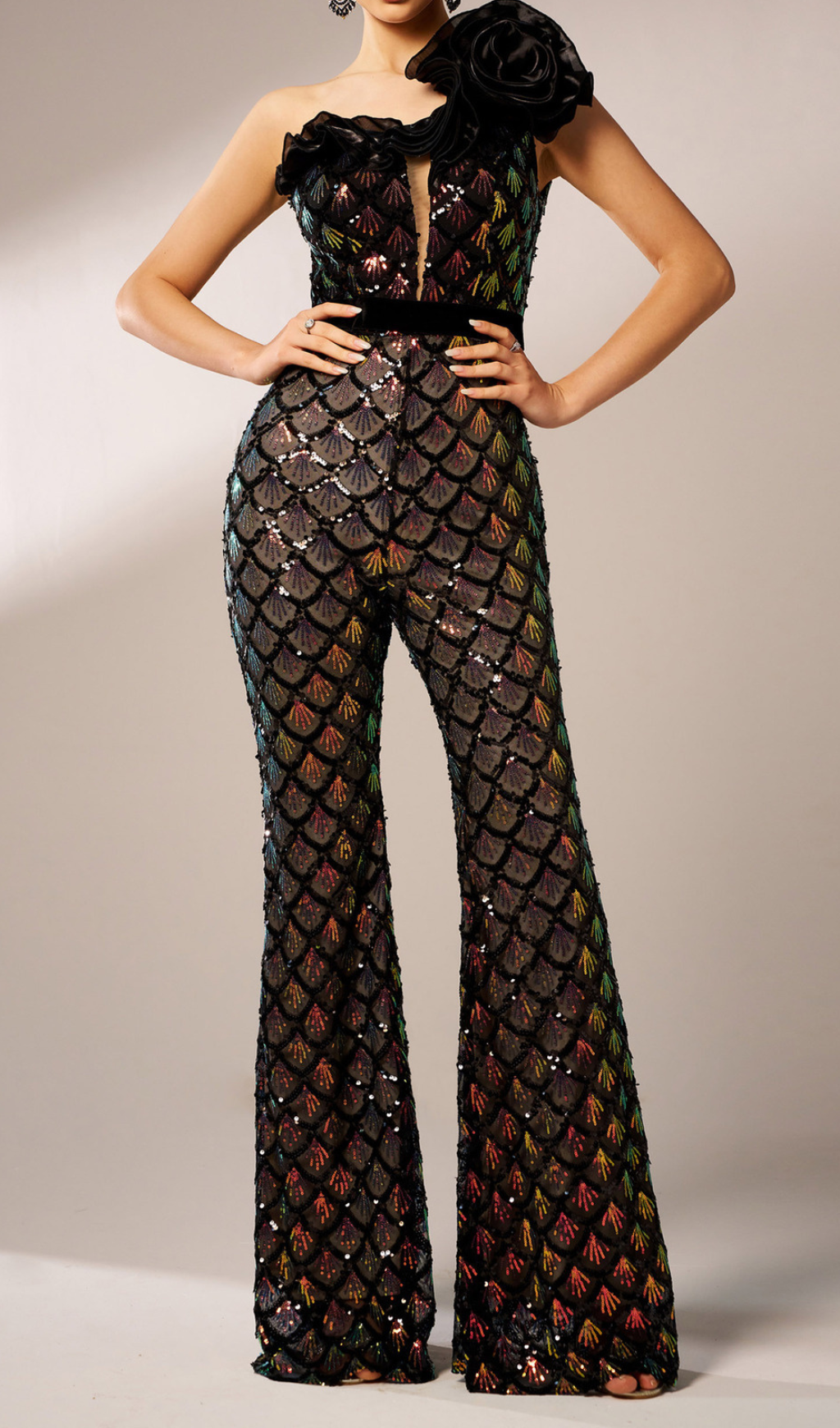 Flowering Girl Women Mermaid Scale Floral One-Shoulder Sequin Jumpsuit