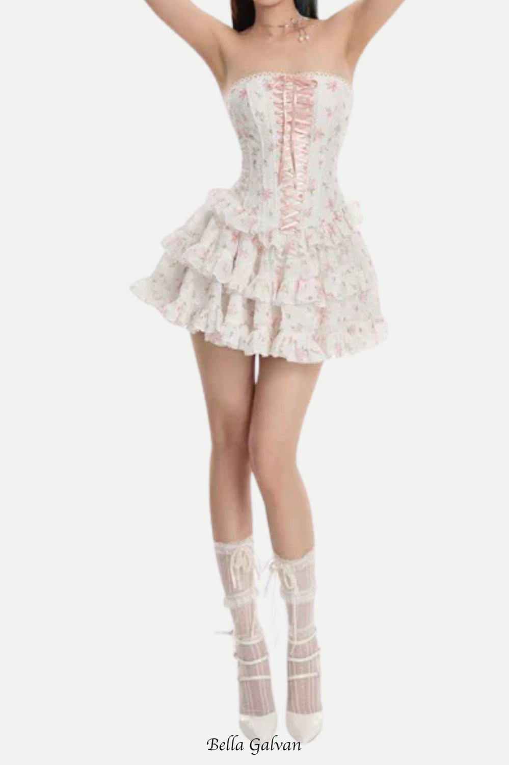 Flowering Girl Women floral print chest-wrapped mini dress in white