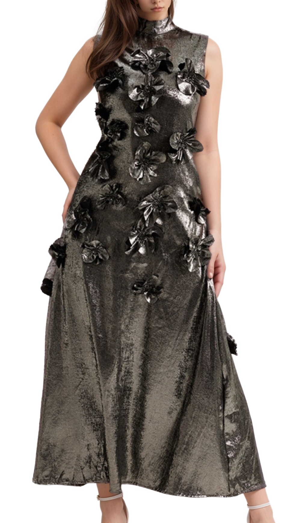 Flowering Girl Women aditi 3d floral embellished maxi dress in grey