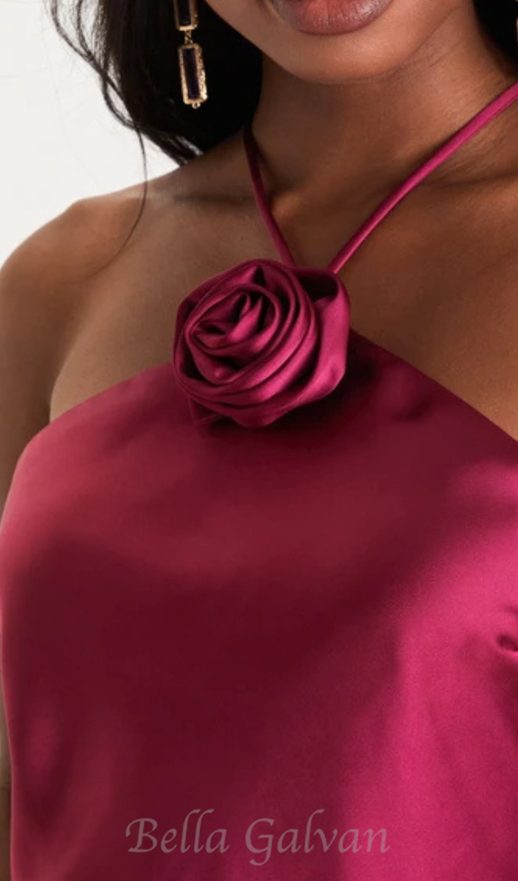 Flowering Girl Women Sweet Prose Magenta Satin Rosette Halter Neck Mini Dress