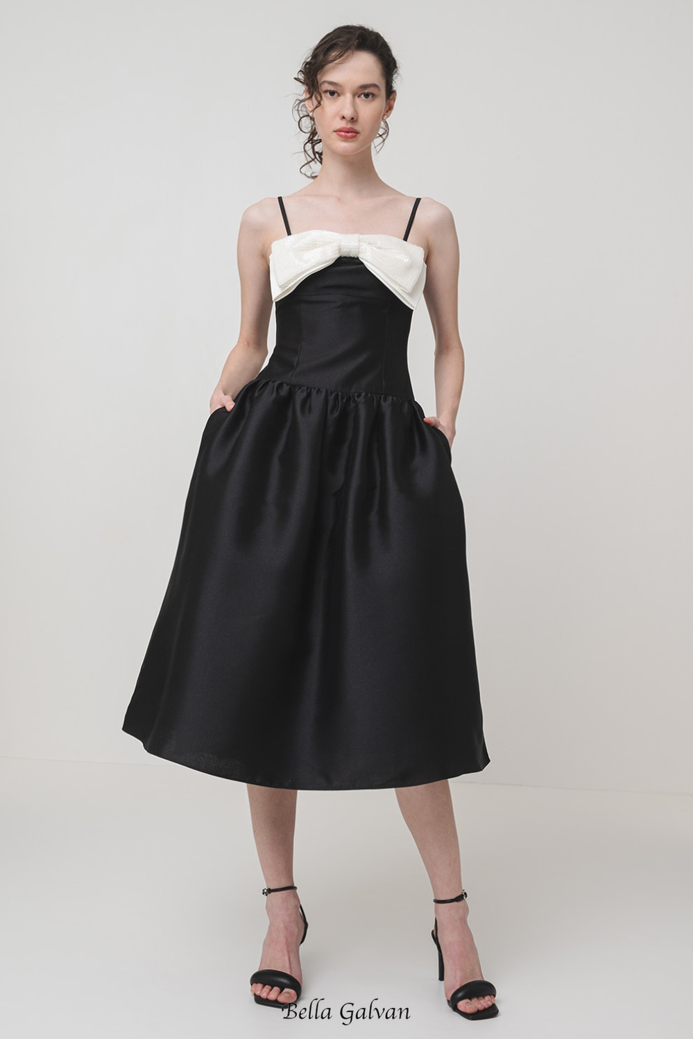 Flowering Girl Women Bow-Detail Taffeta Midi Dress in black
