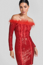 Flowering Girl Women Red Long Sleeve Feathers Sequin Dress