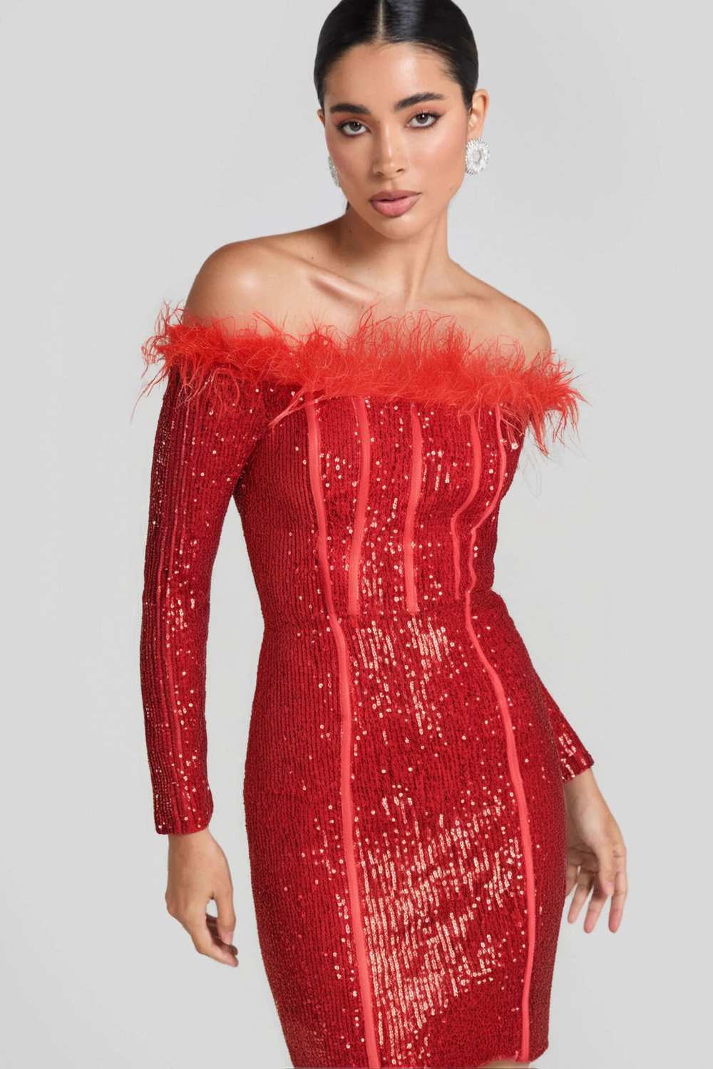 Flowering Girl Women Red Long Sleeve Feathers Sequin Dress