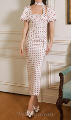 Flowering Girl Women Red Polka Dot Bubble Sleeve midi Dress