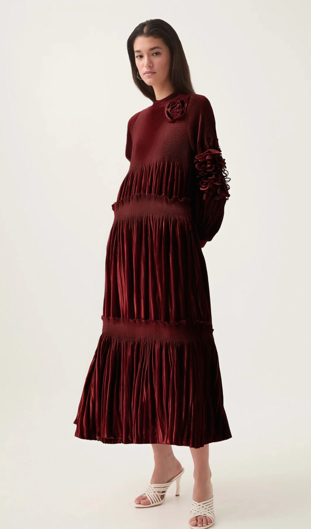 Flowering Girl Women Donna red floral-appliqué pleated velvet midi dress