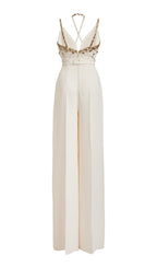 Flowering Girl Women V-Neck Sequin Halter Jumpsuit In White