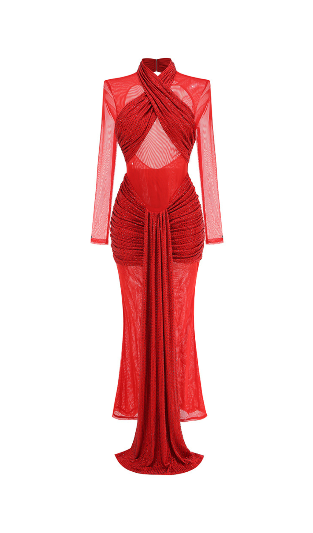 Flowering Girl Women Slinky Mesh Long Sleeve Maxi Dress in Ruby