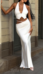 Flowering Girl Women silk crop top maxi skirts 2 pieces sets in white