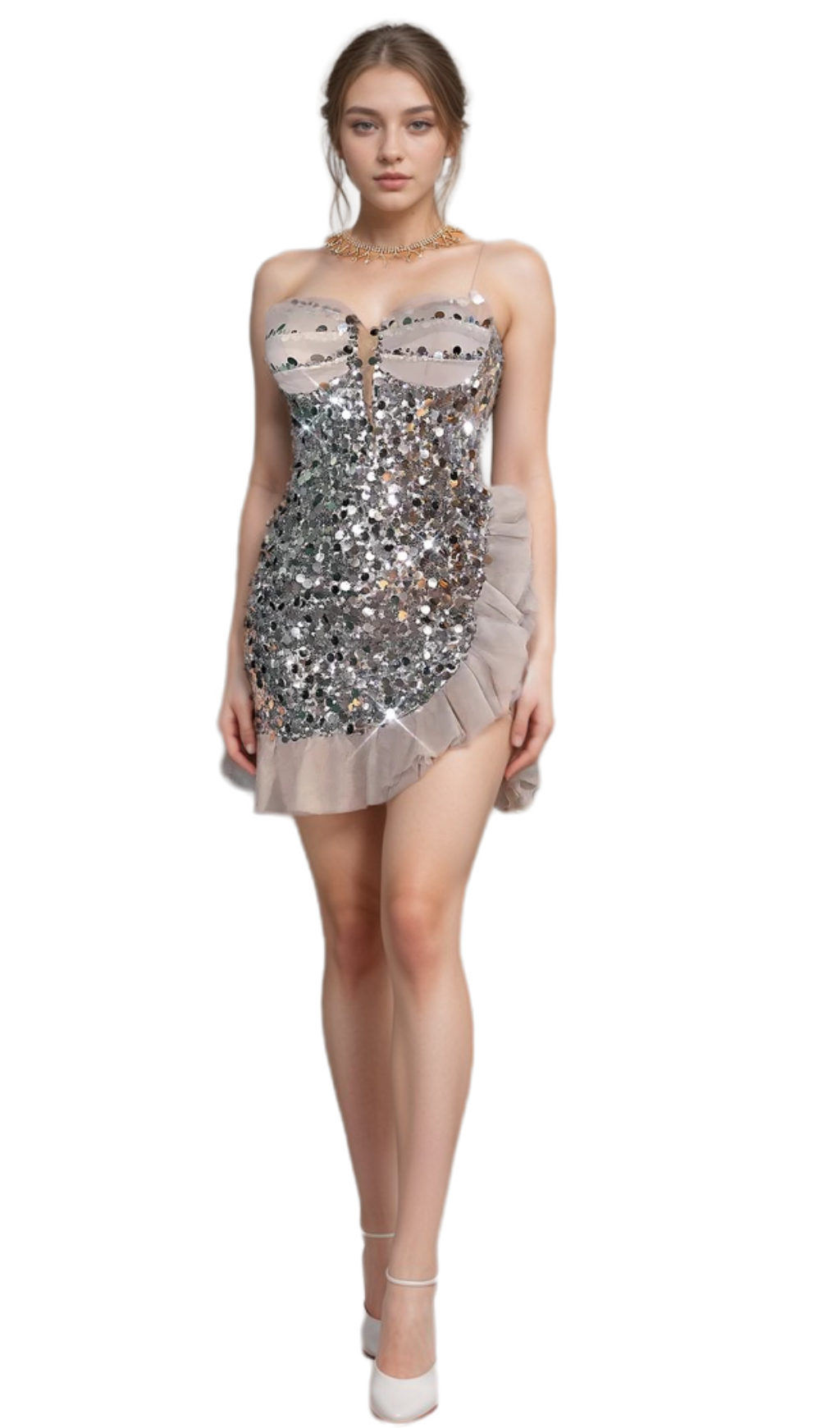 Flowering Girl Women amanda Onuris Ruffle Sequin Mini Dress in grey