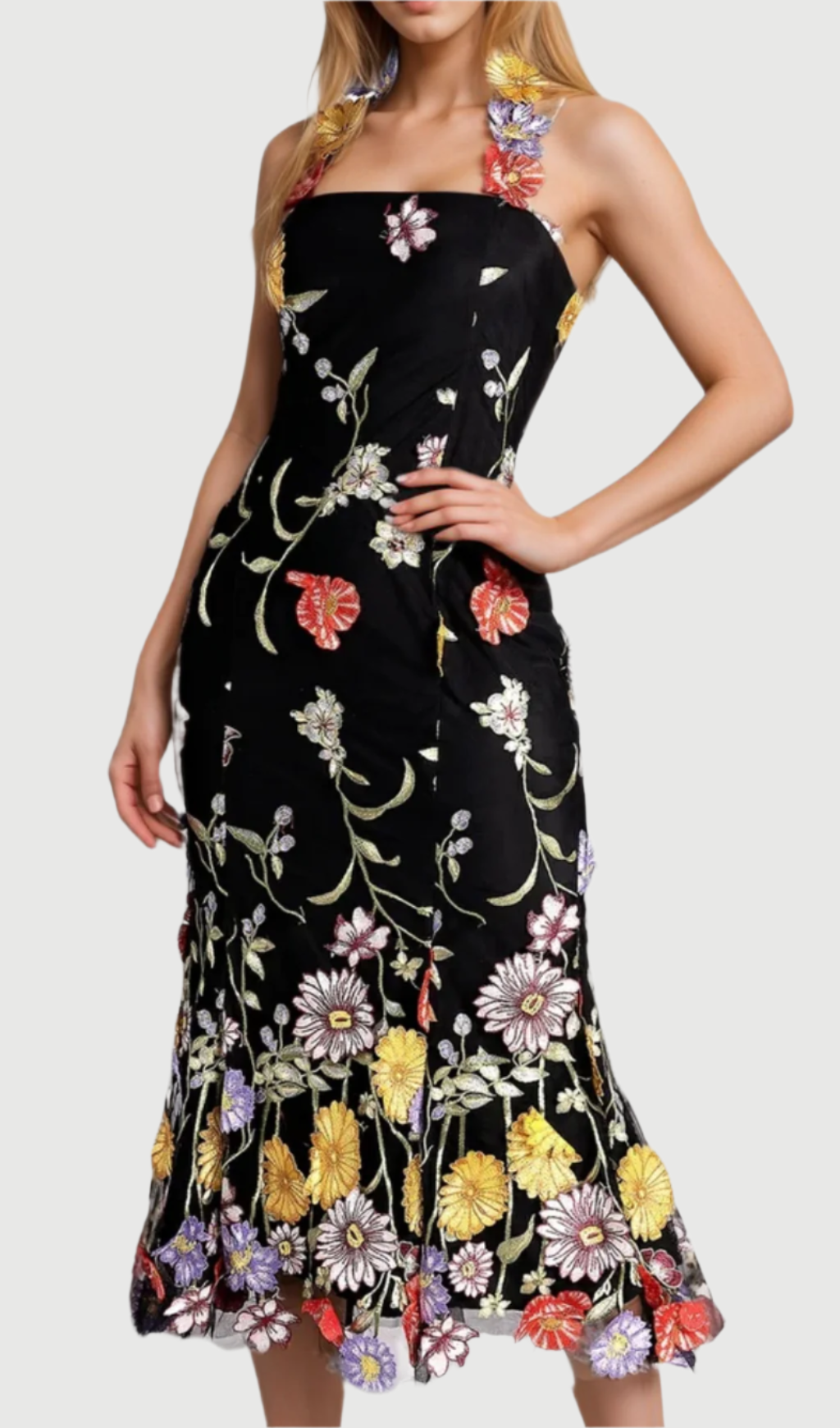 Flowering Girl Women Halter Embroider Floral midi Dress in black