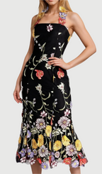 Flowering Girl Women Halter Embroider Floral midi Dress in black