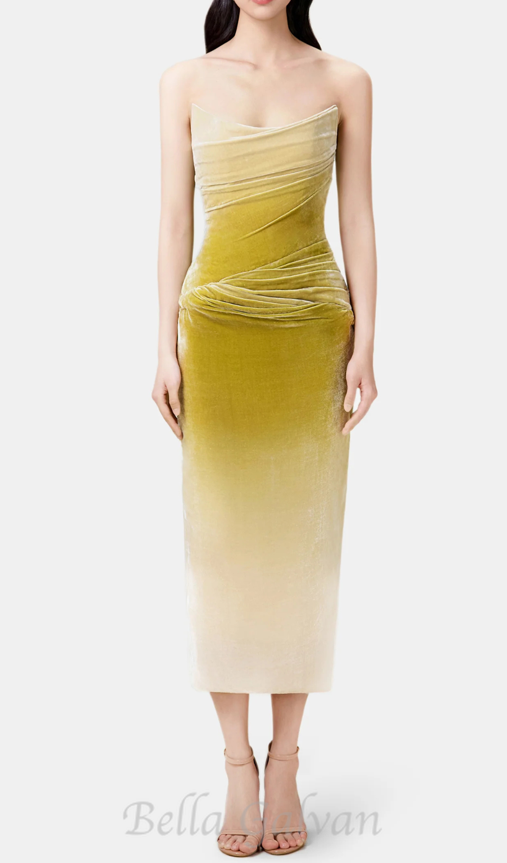 Flowering Girl Women ruched velvet strapless midi dress in green gradient