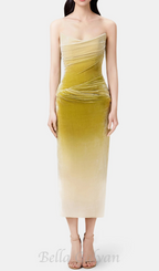 Flowering Girl Women ruched velvet strapless midi dress in green gradient