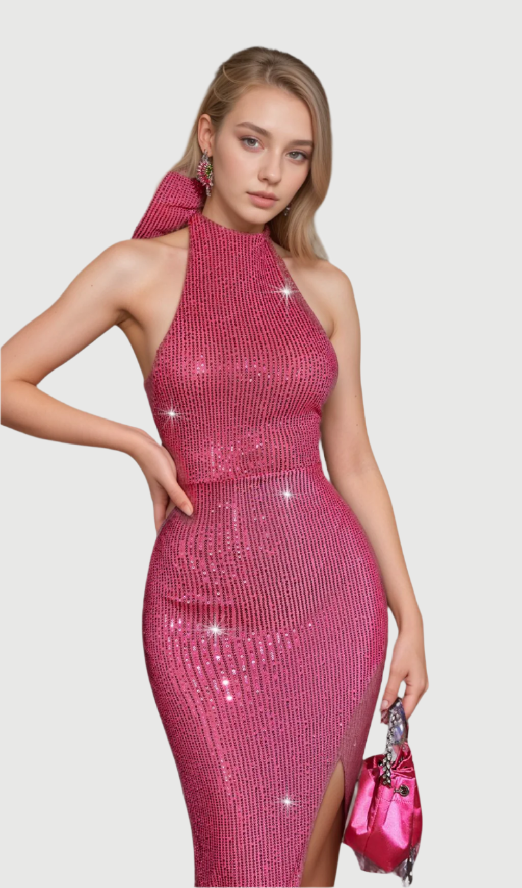 Flowering Girl Women Backless Back Bow Sequin Maxi Dress In Hot Pink