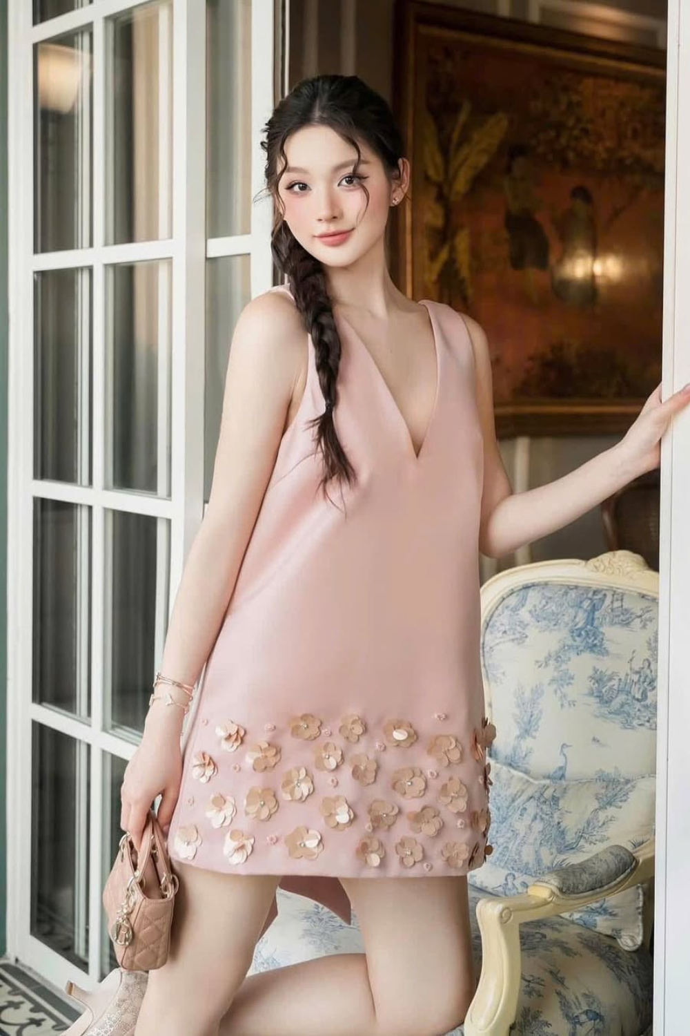 Flowering Girl Women flower sleeveless v-neck mini dress in pink