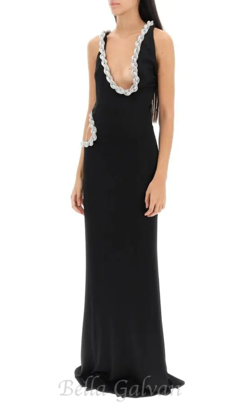 Flowering Girl Women Crystal Braided Rope Cut-Out Maxi Dress in black
