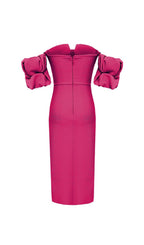 Flowering Girl Women Strapless Draped Sleeve Slits Bandage Dress In Rose Red
