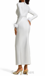 Flowering Girl Women Rhinestone Cut-Out Feather Midi Dress in white