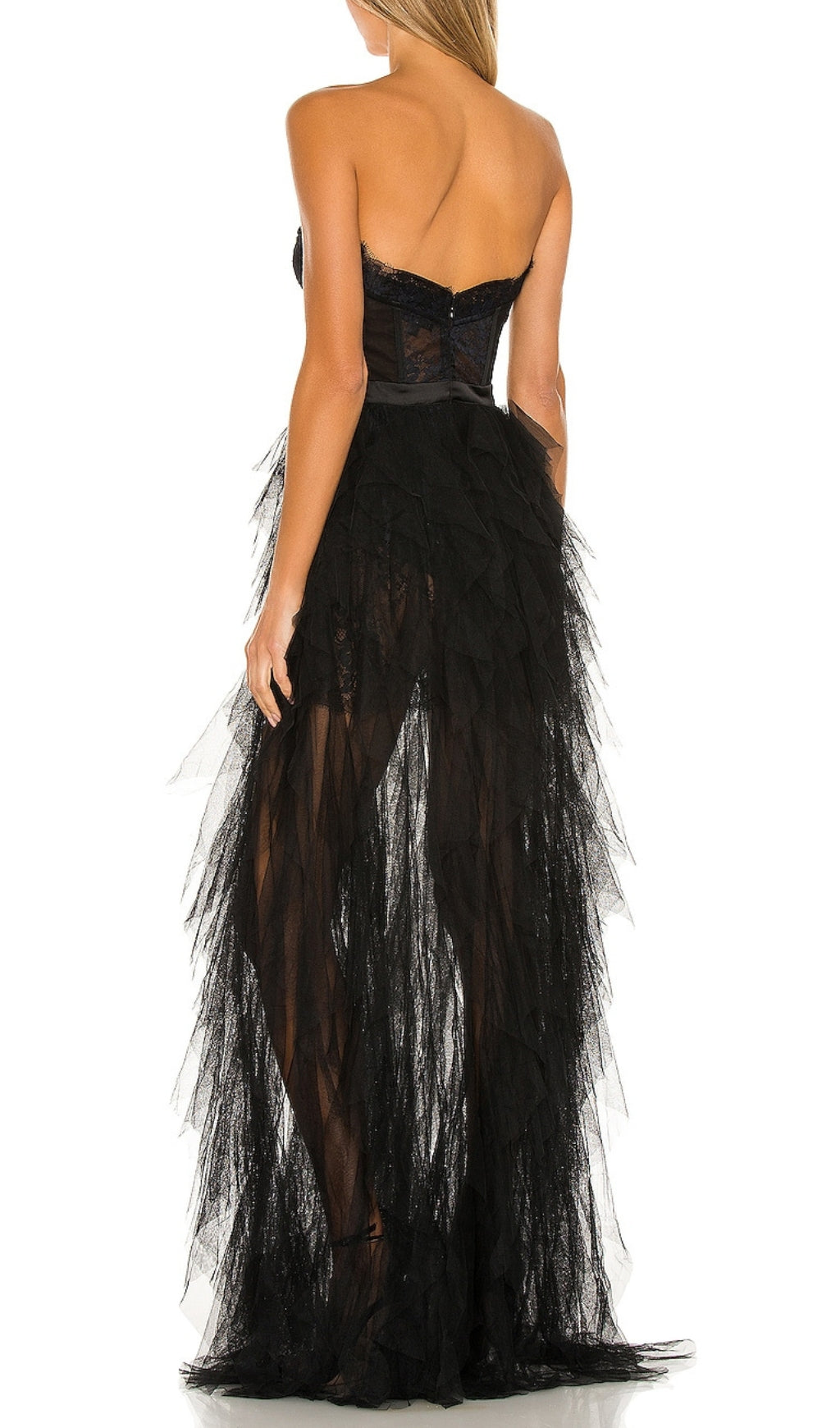 Flowering Girl Women Black Strapless Lace Patchwork Mesh Maxi Dress
