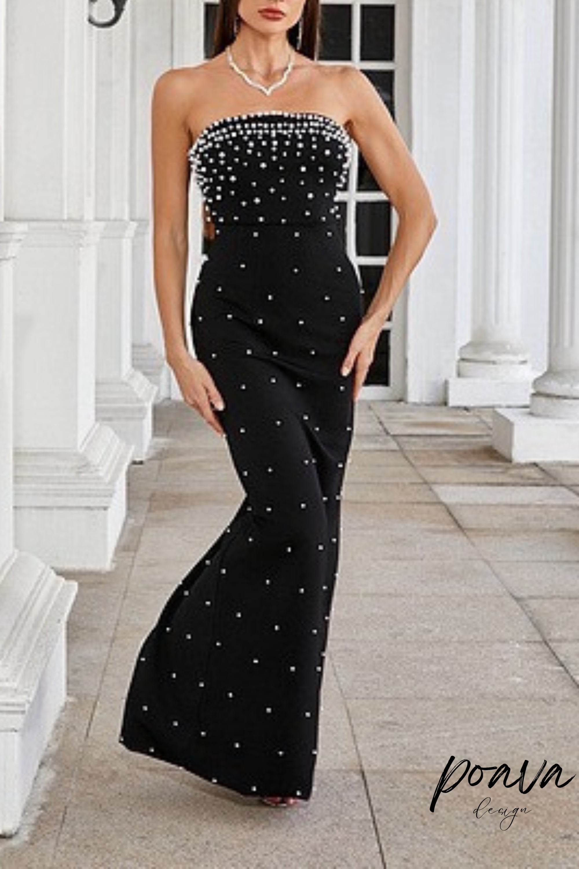 Flowering Girl Women Pearl-Embellished Strapless Gown In Black