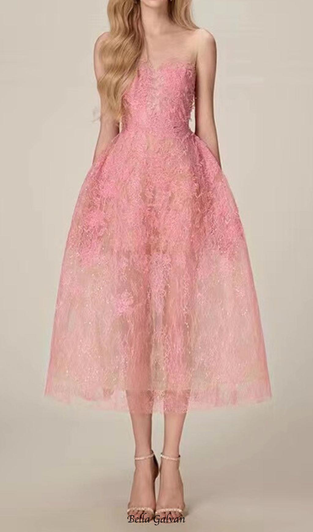 Flowering Girl Women PINK FLORAL LACE EMBROIDER MIDI DRESS