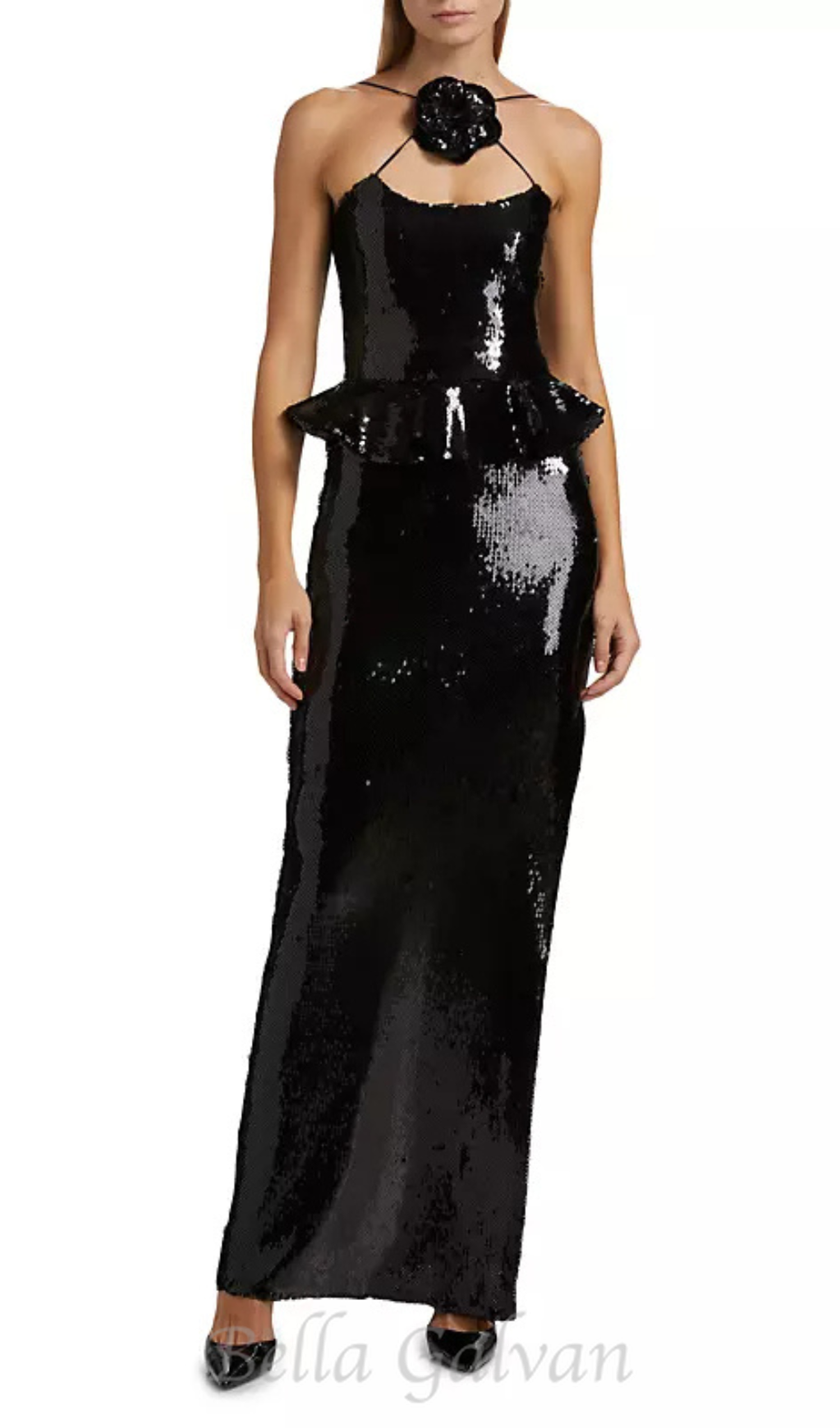 Flowering Girl Women peplum waist sequin maxi dress in black