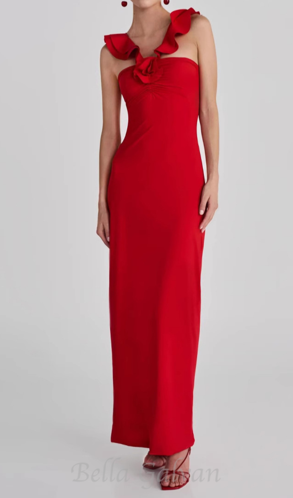 Flowering Girl Women floral ruffle trim halter midi dress in red