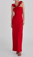 Flowering Girl Women floral ruffle trim halter midi dress in red