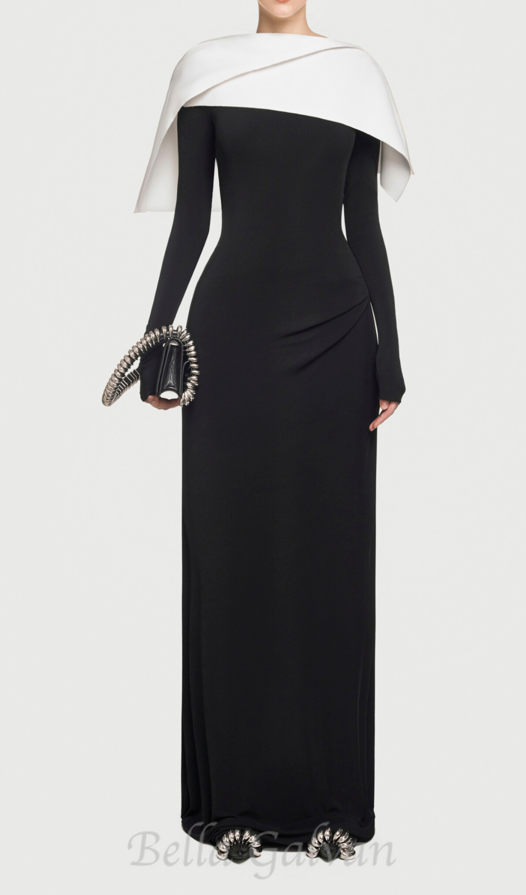 Flowering Girl Women black maxi dress with draped asymmetrical shoulder pleat