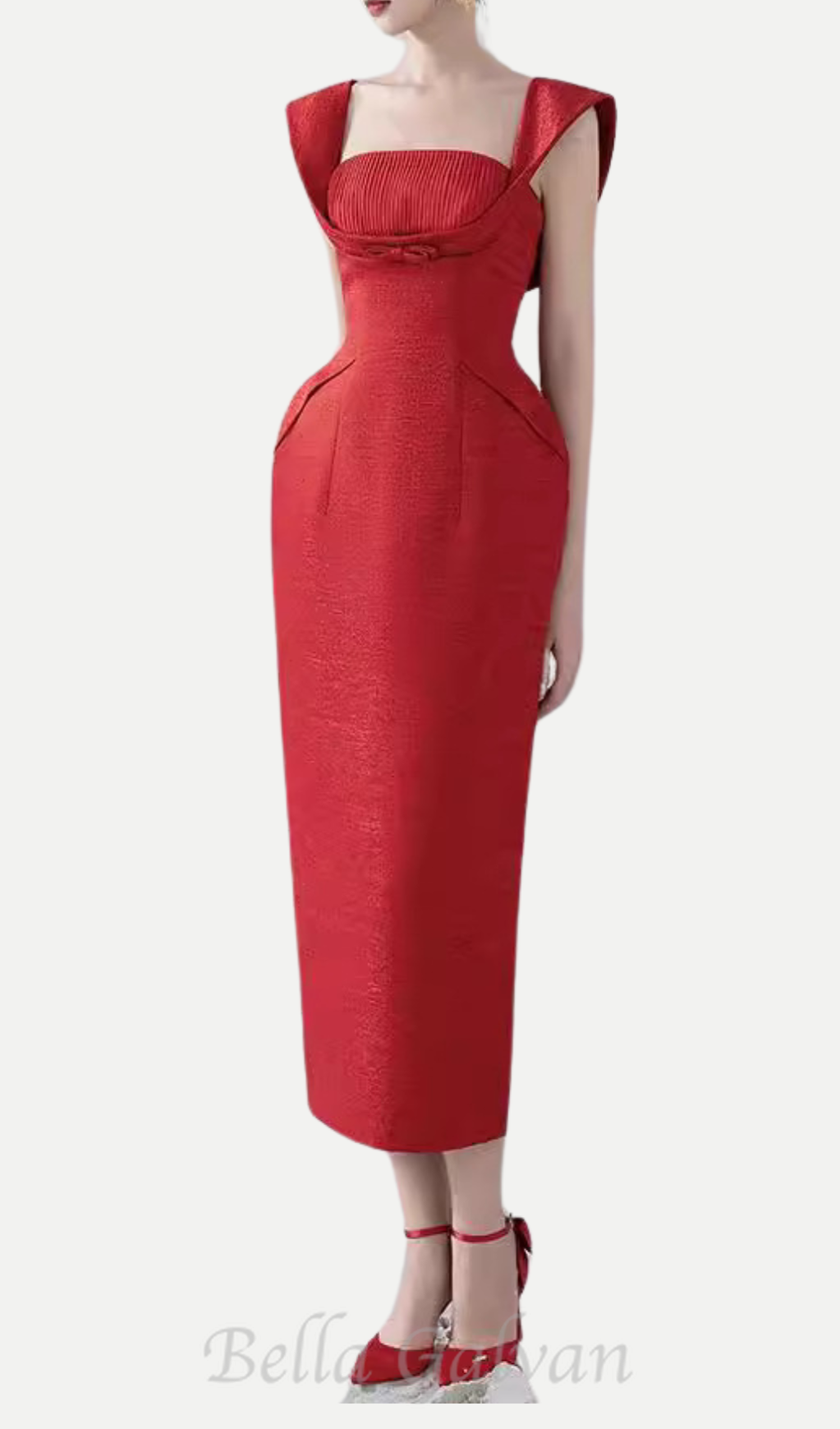 Flowering Girl Women square neckline bow midi dress in red