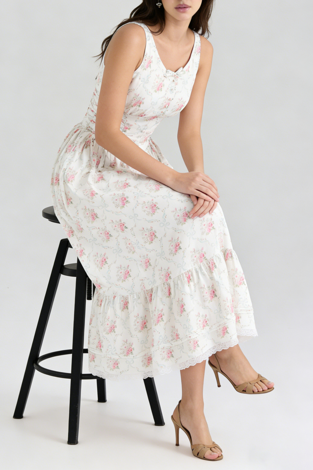 Hedy Elastic Printed Tie-Waist Midi Dress——Pink
