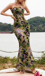 Flowering Girl Women Strapless Floral Sequin Maxi Dress