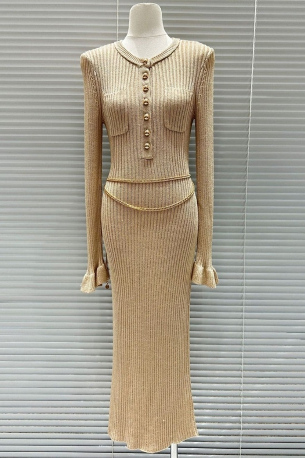 lauren Gold Lurex Ribbed Knit Midi Dress