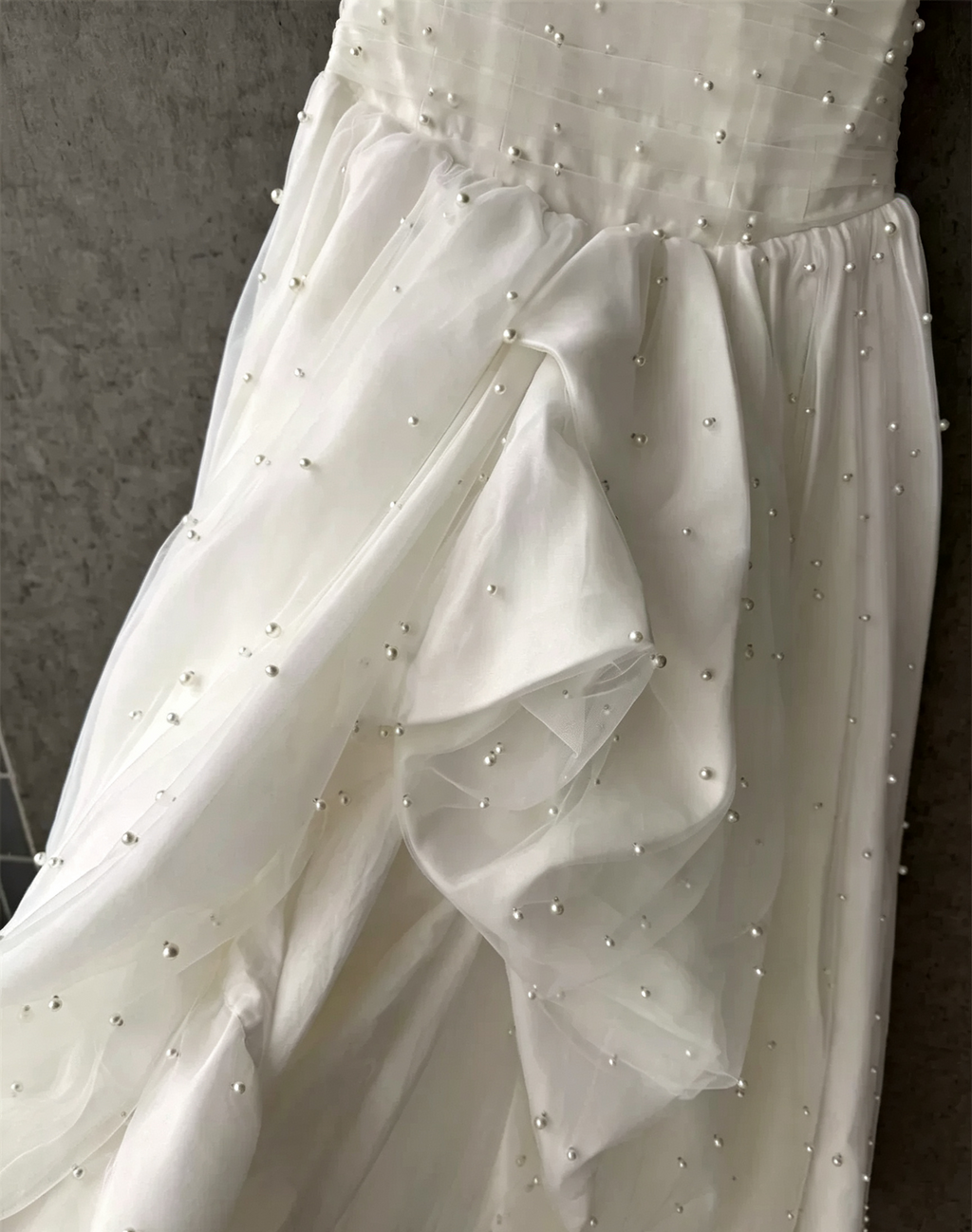 Flowering Girl Women White Strapless Ruched Pearl Draped Chiffon High Slit Maxi Gown